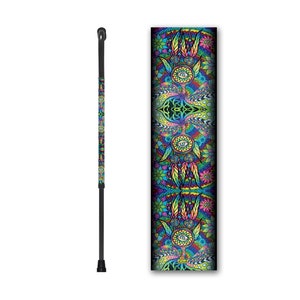 May include: A black walking stick with a colorful patterned grip. The pattern features a variety of colors, including blue, green, yellow, and pink. The pattern is symmetrical and features a repeating design of flowers, leaves, and other abstract shapes.