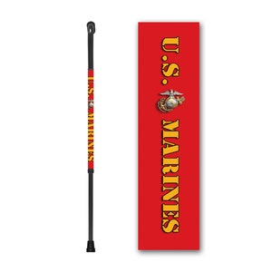 May include: A black walking stick with a red and yellow design featuring the U.S. Marines logo and the text "U.S. Marines".