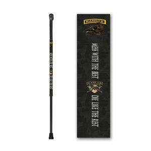 May include: Black walking stick with a gold and black design featuring the words "Ranger" and "Mess with the best, die like the rest".