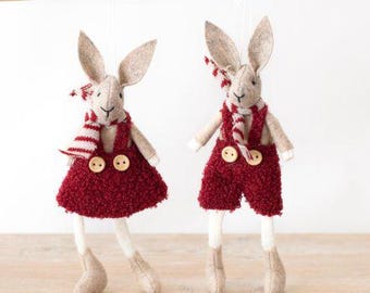 Charming Festive hanging Rabbit / Bunny Perfect Spring / Autumn / festive seasonal decoration with burnt orange and brown hues or sherpa red