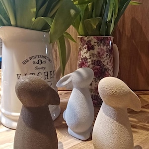 May include: Three ceramic bunny figurines, one brown, one white and one light grey, on a wooden surface. The bunnies are in a row, with the brown bunny on the left, the white bunny in the middle and the light grey bunny on the right.