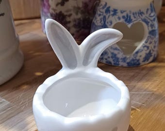 Stunning White Ceramic Egg Cup with Rabbit Ears and Grey Detailing for spring decor