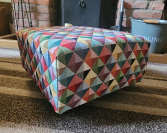 Handcrafted footstool in a tapestry fabric with bright colourful designs available in Holland, Roses or Umbrellas