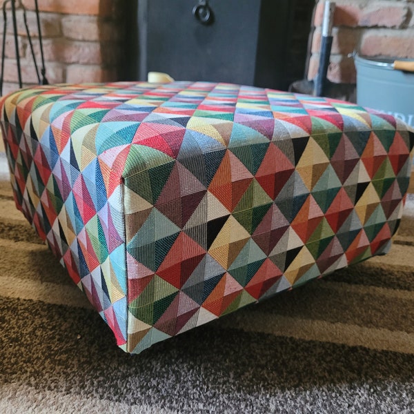 Handcrafted footstool in a tapestry fabric with bright colourful designs available in Holland, Roses or Umbrellas