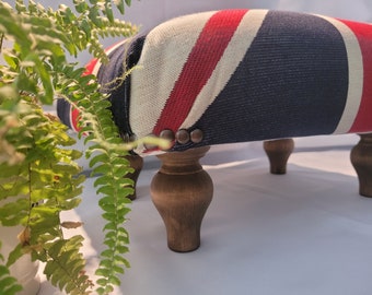 Modern Vibrant Union Jack fabric upholstered footstool, pin detail