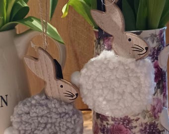 Handmade Wooden Hanging Easter Bunny, Rabbit Tree Decorations in neutral colours