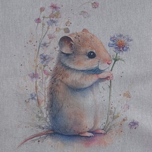 May include: A watercolour painting of a small brown mouse holding a purple flower against a light blue background. The mouse is looking at the flower and has a sweet expression on its face.