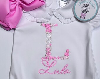 Baby girl coming home outfit, Floral Embroidery Bubble, Light Pink Bow/Headband, Monogrammed Romper, Pima Cotton, Personalized, toddler size