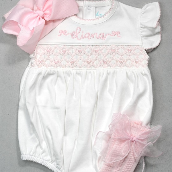 PREORDER ONLY** Will ship to you 8/17 - Double Bows Pink bows Heirloom Smocked Bows Girl coming home outPink Bow, 100 Pima Cotton, handmade