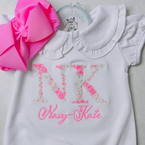 Baby girl coming home outfit, 2 letter Floral Embroidery Bubble, Light Pink Bow/Headband, Monogrammed Romper, Pima Cotton, Personalized