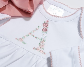 Gown Baby Dress Outfit, Newborn Coming Home Outfit, Baby Shower Gift, Pima Cotton, Baby Sleeper, Mauve thread, Embroider Personalized
