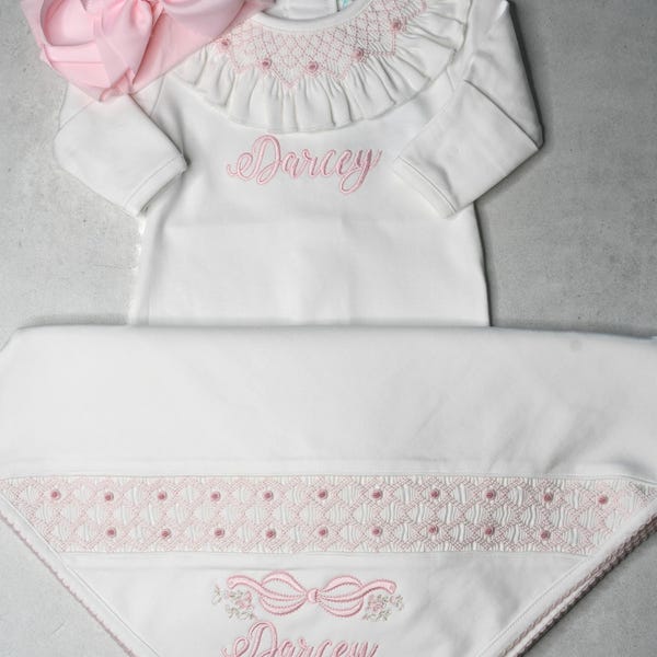 Smocked Roses Romper Coming home, Luxury footie embroidery details, hospital outfit,gift100% Pima,bodysuit,ruffles