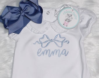 Bow baby and toddler bubble, French blue embroidery, coming home outfit, baby bow and Headband, Monogrammed Romper, Pima Cotton