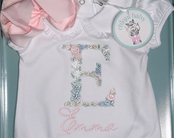 Baby girl coming home outfit, Floral Embroidery Bubble, Light Pink Bow/Headband, Monogrammed Romper, Pima Cotton, Personalized out fits