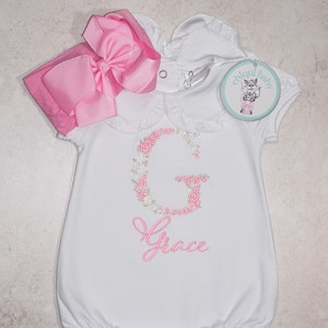 Baby und Kleinkind, nach Hause kommen Outfits, Floral Stickerei Blase, Rosa Schleife/Stirnband, Strampler mit Monogramm, Pima Baumwolle, Personalisiert