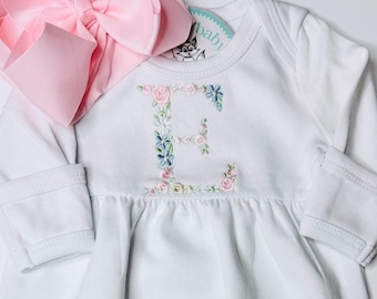 Newborn girl coming home outfit, Baby Gown Dress Floral, Custom Personalized Embroidered dress, Baby Shower Gift, Pima Cotton, Baby Sleeper