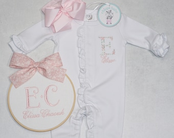 Baby Coming Home Outfit, Ruffle footie Dusty Rose, Pima Cotton, Gift for Baby, Baby Shower, Customized embroidery, Personalized baby, mama