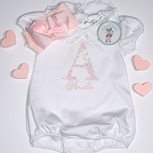 Baby und Kleinkind, nach Hause kommen Outfits, Floral Stickerei Blase, Rosa Schleife/Stirnband, Strampler mit Monogramm, Pima Baumwolle, Personalisiert