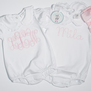 Baby and toddler girl personalized, Gift White Romper Bubble, Baby Customized, Light Pink Bow/Headband, Monogrammed Romper, Pima Cotton