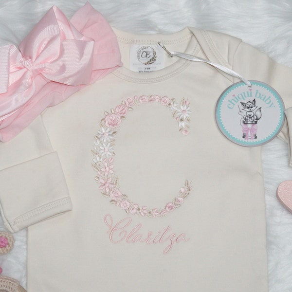 Baby girl coming home outfit, Embroidered Baby Gift Romper, Baby Shower Gift, Baby Girl bow/headband