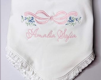 Luxury Baby Coming Home Ruffle Blanket, 100% Peruvian Pima Cotton, Customized embroidery, Personalized, Heirloom (match w/smock Pima items)
