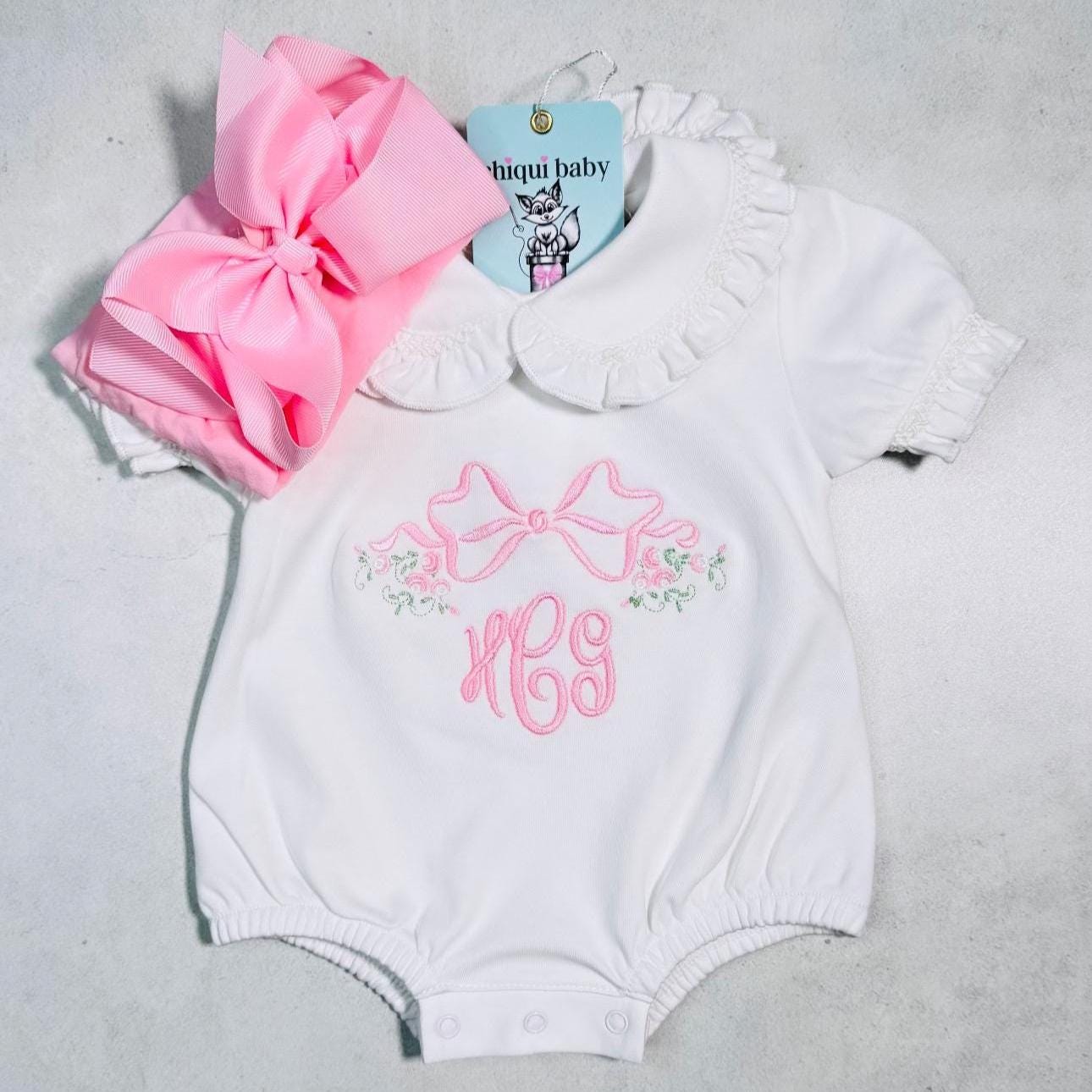 Smocked Bows Girl coming home outfit, Floral Embroidery Romper Bubble, Light Pink Bow/Headband, Monogrammed Romper, 100% Pima Cotton