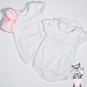 Custom Baby and toddler Gift White Romper Bubble, Handstitch Font, Light Pink Bow/Headband, Monogrammed Romper, Pima Cotton