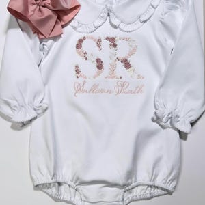 Baby girl coming home outfit, 2 letter Floral Embroidery Bubble, Light Pink Bow/Headband, Monogrammed Romper, Pima Cotton, Personalized