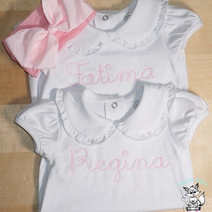 Baby and Toddler girl personalized, Gift White Romper Bubble, Handstitch Font, Light Pink Bow/Headband, Monogrammed Romper, Pima Cotton