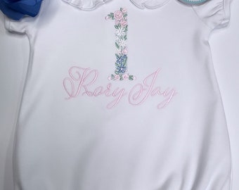 Baby first birthday, Floral Embroidery Bubble, Light Pink Bow/Headband, Monogrammed Romper, Pima Cotton, Personalized out fits