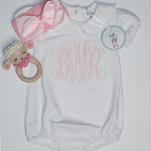 Embroidered Personalized Baby Girl Bubble, Light Pink Bow/Headband, Monogrammed Romper, Pima Cotton