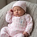 Long Sleeve Pink Gingham Footie Coming home, Luxury footie embroidery details, hospital outfit photograph, 100% Organic Cotton, Beanie