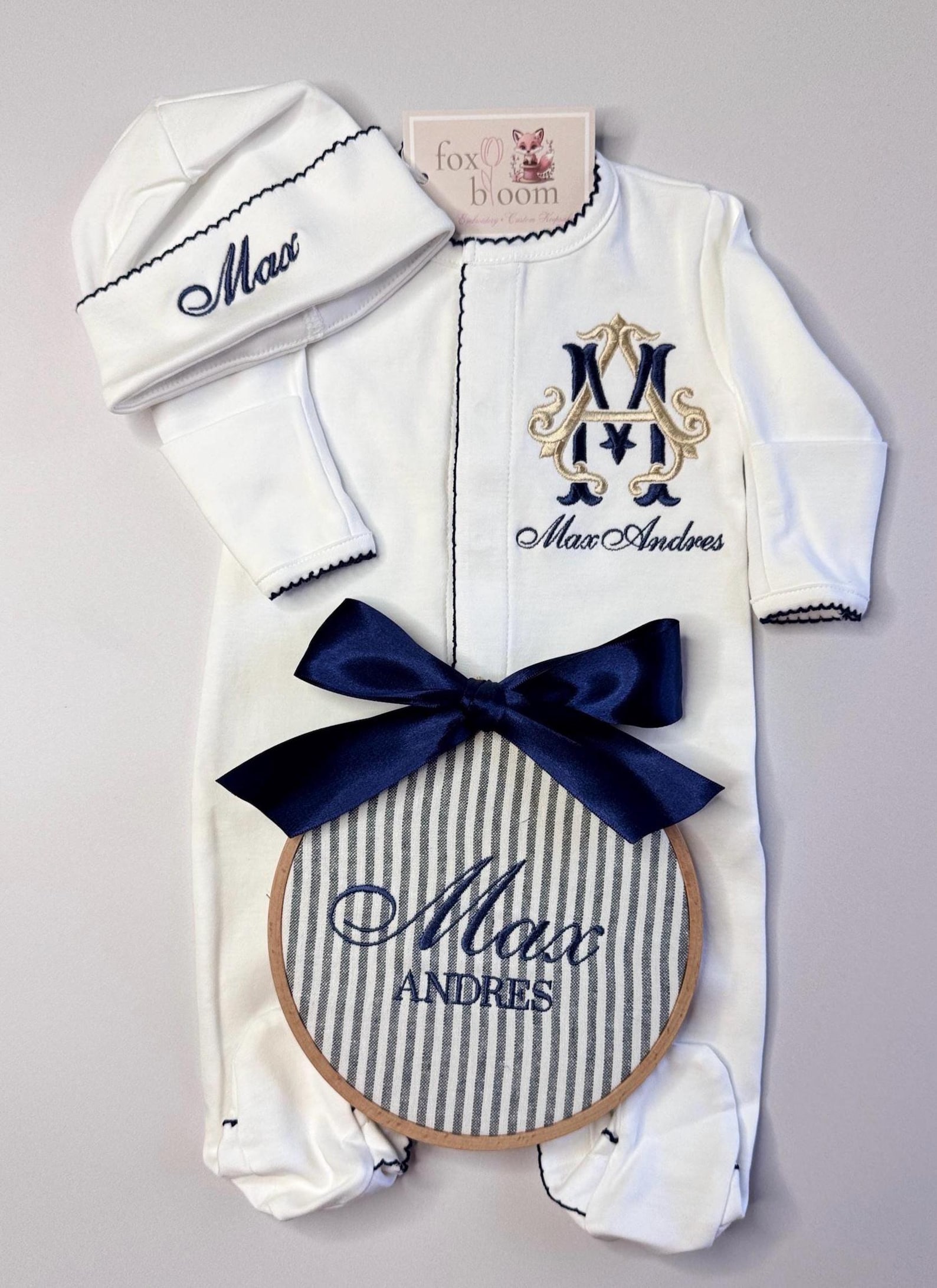 Luxury Heirloom Baby Boy Coming Home Outfit Sets Navy and White Footie ...