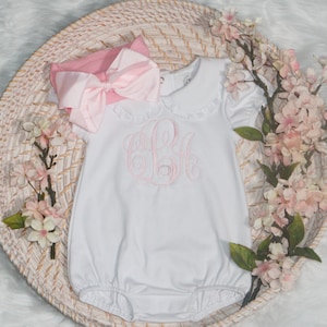 Embroidered Personalized Baby Girl Bubble, toddler outfit, Light Pink Bow/Headband, Monogrammed Romper, Pima Cotton, blanket