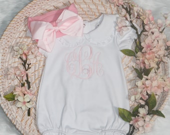 Bulle personnalisée brodée pour bébé fille, tenue pour tout-petit, noeud/bandeau rose clair, barboteuse à monogramme, coton pima