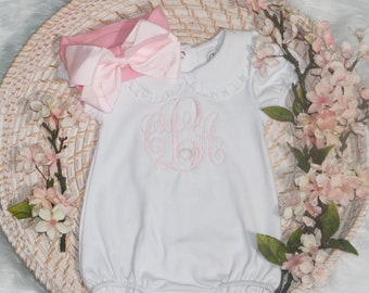Embroidered Personalized Baby Girl Bubble, toddler outfit, Light Pink Bow/Headband, Monogrammed Romper, Pima Cotton, blanket