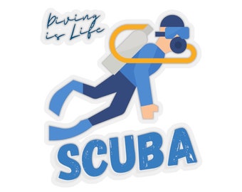 May include: A blue and yellow scuba diving sticker with a diver in a blue wetsuit and a yellow scuba tank. The text "Diving is Life" is above the diver and the text "SCUBA" is below the diver.