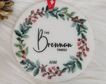 Personalized Ceramic Ornament - Christmas Family Name- Winter Wreath