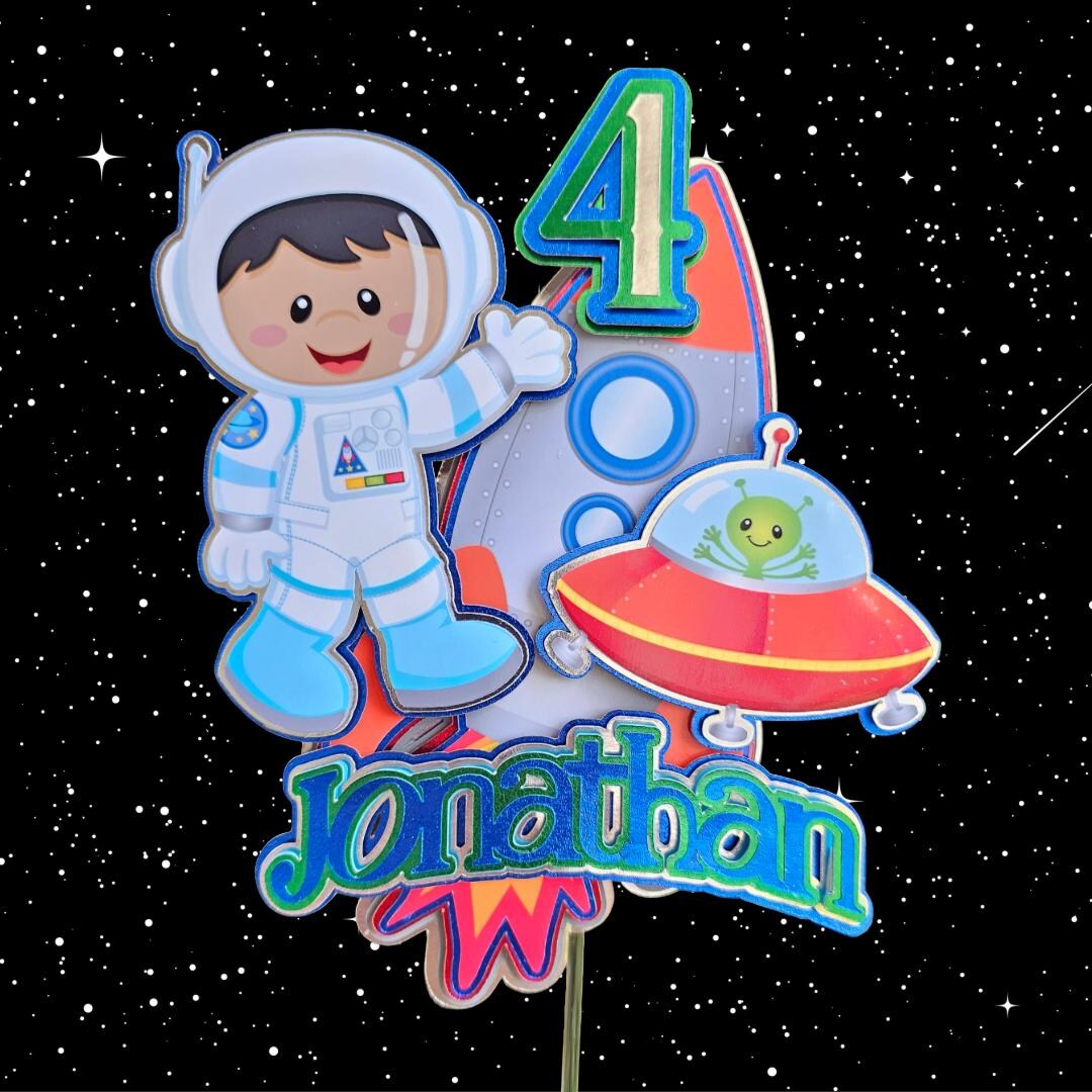 Acrylic space cake toppers. Mini astronauts. Name and age charm. Rocket cake charm. main image 1
