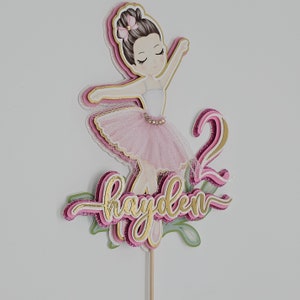 Ballerina Cake Topper Name and Age Pink and Gold Personalized Cake Topper image 6