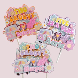 Personalized Groovy Cake Topper: Flower Rainbow Birthday Party