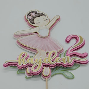 Ballerina Cake Topper Name and Age Pink and Gold Personalized Cake Topper image 4