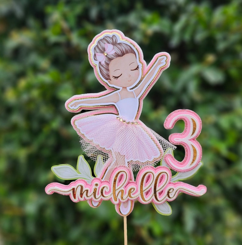 Ballerina Cake Topper Name and Age Pink and Gold Personalized Cake Topper image 1