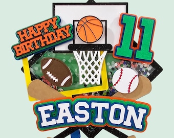 Sports Cake Topper Shaker | Basketball Football Baseball | Soccer Hockey | Name and Age | Personalized Cake Topper