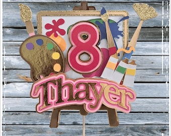 Art Easel Birthday Cake Topper | Cupcake Toppers | Art Paint Party | | Name and Age | Personalized Cake Topper | Multi Color Art Topper