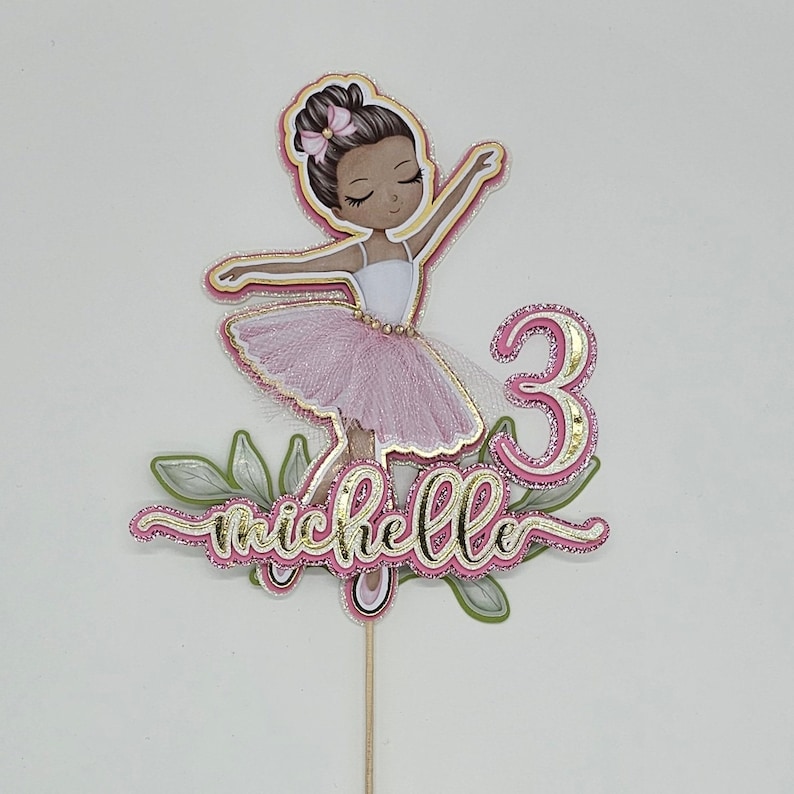 Ballerina Cake Topper Name and Age Pink and Gold Personalized Cake Topper image 2