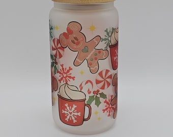 Christmas Mouse Frosted Glass Can | 16oz | Bamboo Lid | Holidays | Snowflakes