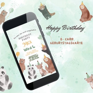 Digitais | Convite | aniversário | Personalizado | Para enviar via WhatsApp | Animais | Crianças | Cartão eletrônico | leão | elefante | Aniversário infantil