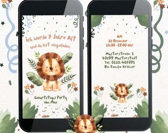 Digital | Einladung | Geburtstags | Personalisiert | Zum Versenden per WhatsApp | Tiere | Kinder | E Card | Löwe | Safari | Kindergeburtstag