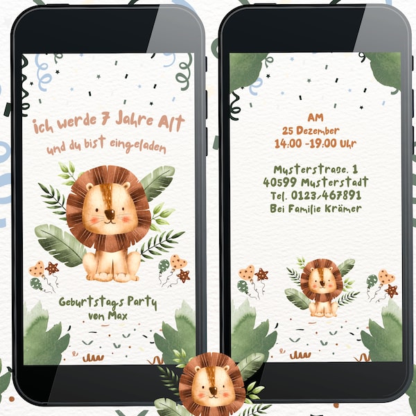 Digital | Einladung | Geburtstags | Personalisiert | Zum Versenden per WhatsApp | Tiere | Kinder | E Card | Löwe | Safari | Kindergeburtstag